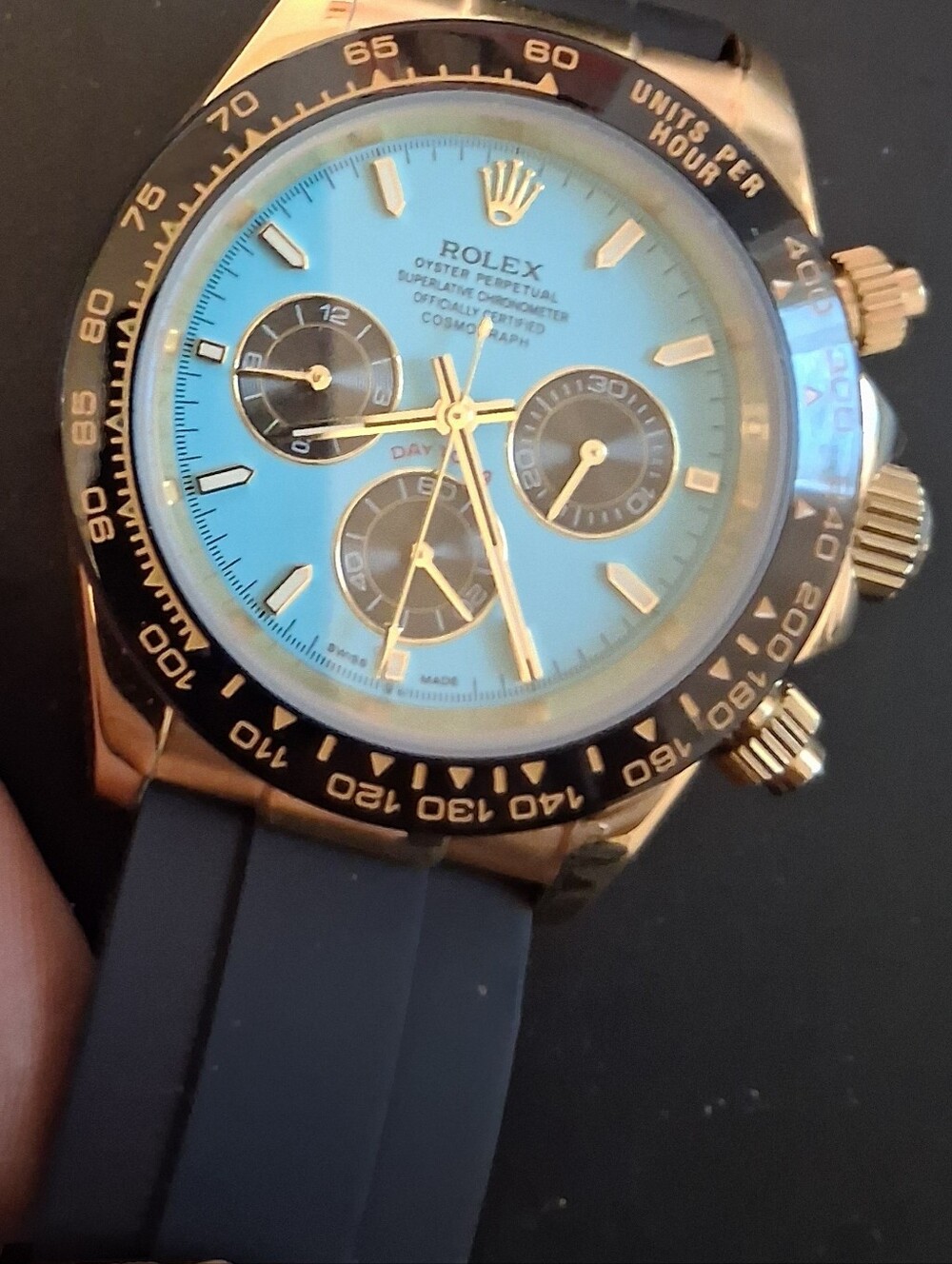 Men's Luxury  Tiffany Blue Dial Chronograph Watch with Black Strap Automatic